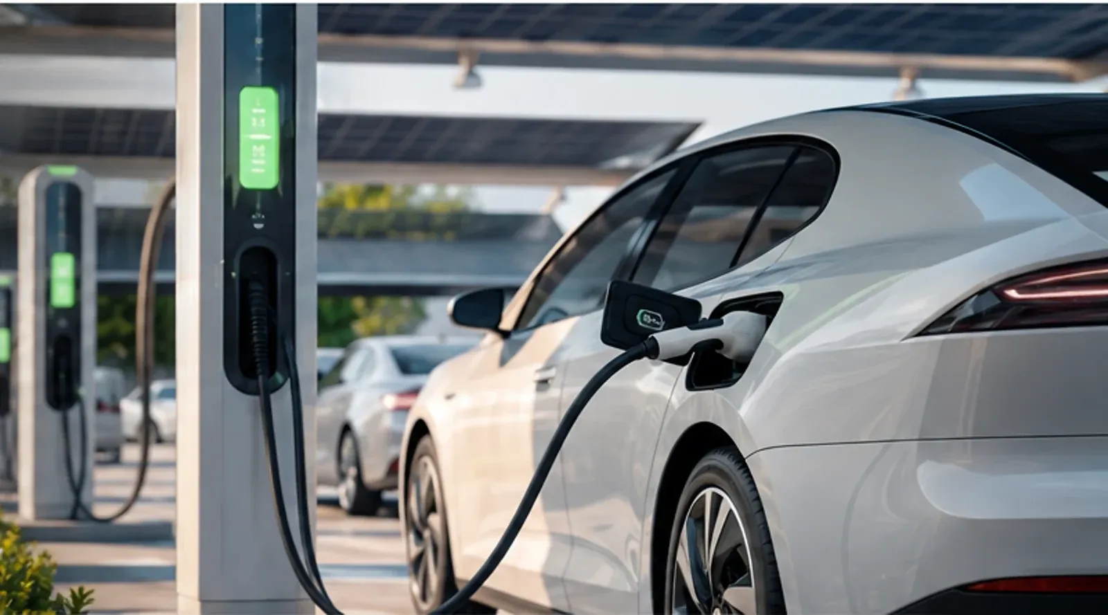 Electric vehicle connected to a modern charging station